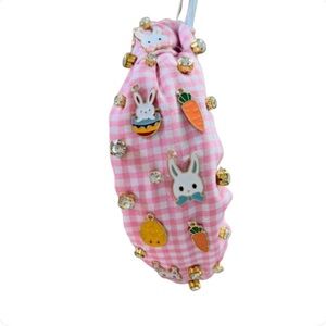 NEW Easter Bunny Charm Headband Rhinestones Pink White Gingham Hair Accessory